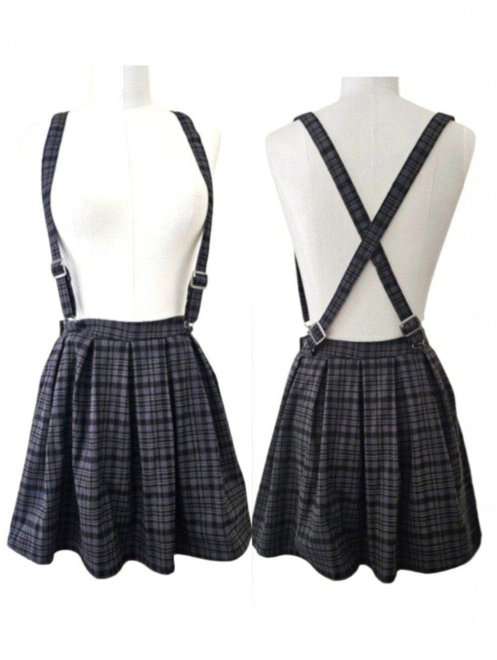 Hot Topic Black and Grey Plaid Pleated Suspender Academia Skirt Sz M (Juniors)